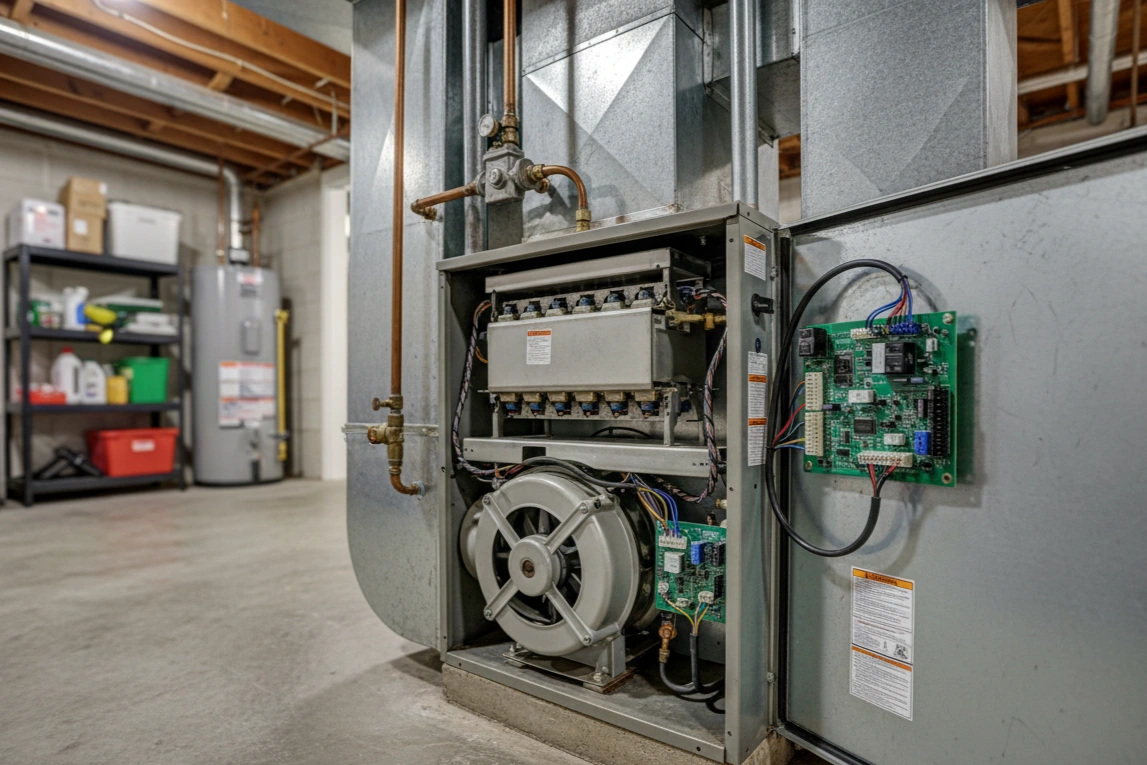 Furnace internal components after successful repair service in Phoenix.