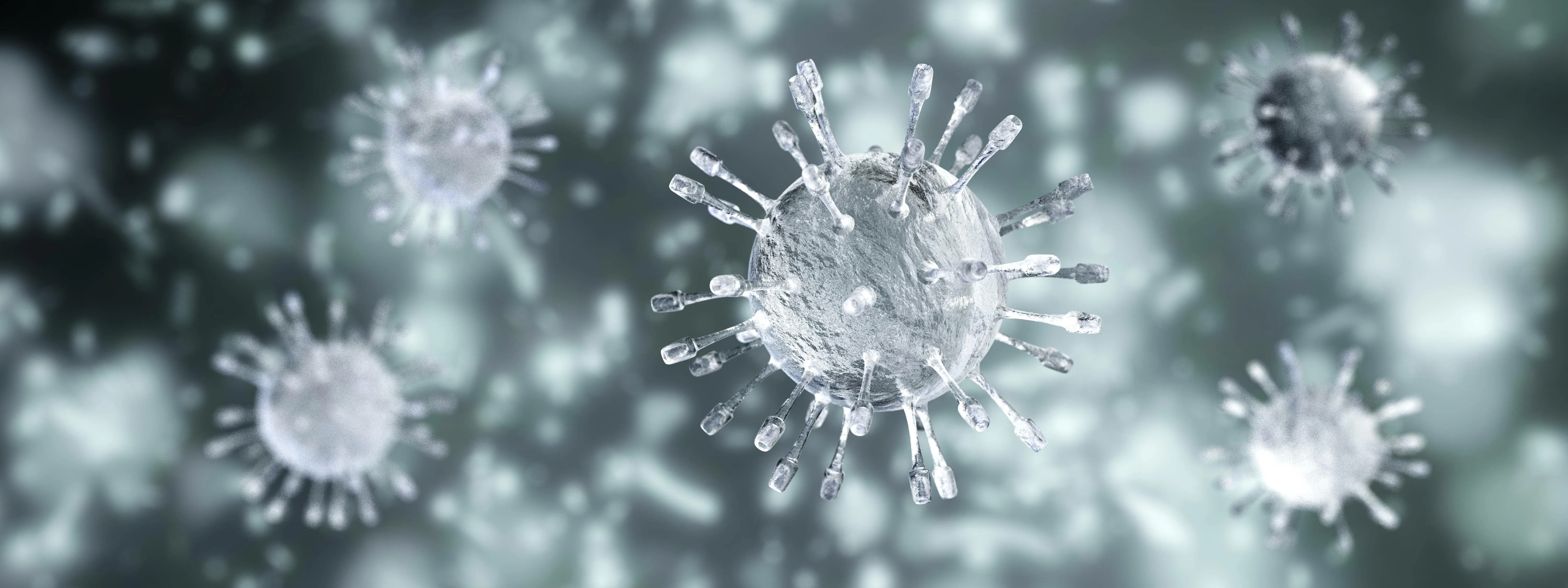 Microscopic 3D render representing airborne bacteria and viruses that IAQ systems neutralize.