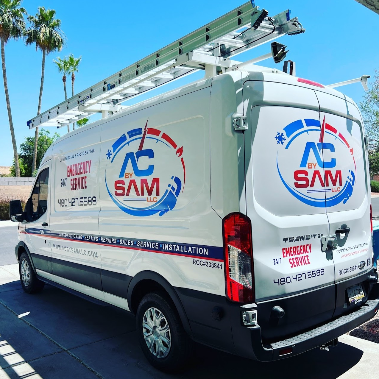 AC by Sam LLC service truck parked at a Phoenix home ready for HVAC repair and maintenance.