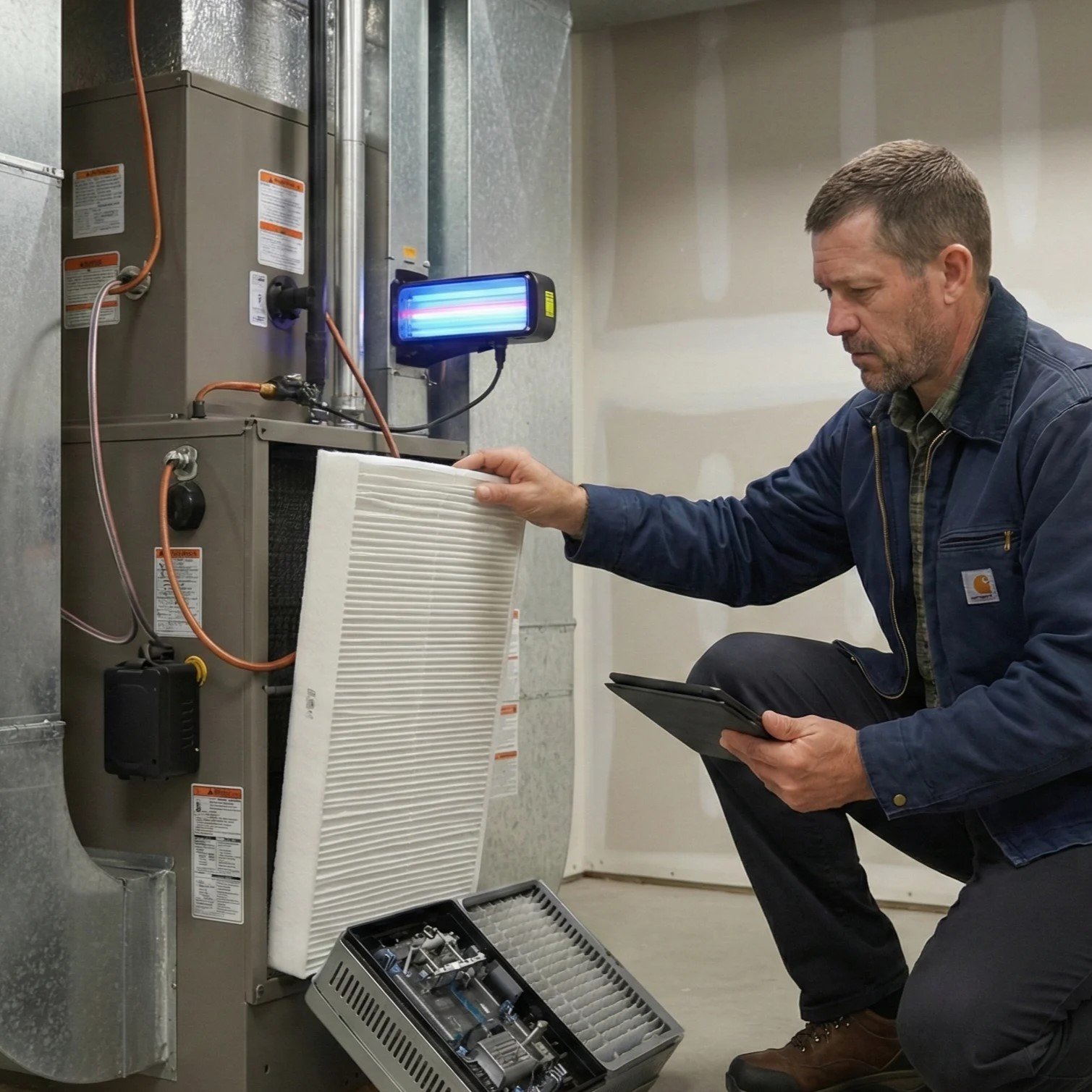 Professional indoor air quality technician inspecting air filtration system in Phoenix.